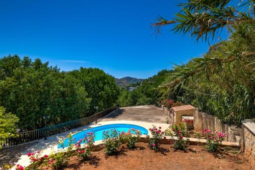 a swimming pool in a yard with flowers at Sermar Villa in Episkopi Pafou