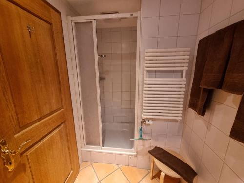 a bathroom with a shower with a wooden door at MOM - Alpine Boutique Apartments, Chalet Fagus, Terrace Studio in Grindelwald
