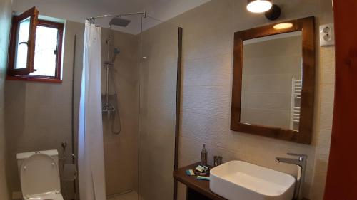 ソバタにあるCasa Cameliaのトイレ、洗面台、鏡のあるバスルーム