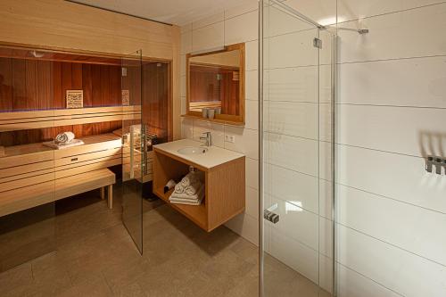 W łazience znajduje się umywalka i przeszklony prysznic. w obiekcie Sonnenhof Appartements w mieście Schröcken