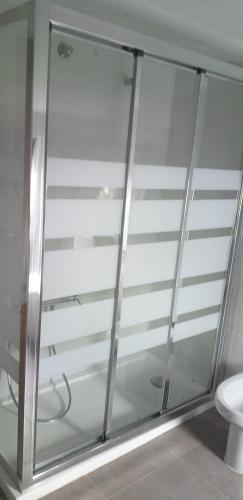 a glass shower in a bathroom with a toilet at APARTAMeNTOS DON MANUEL A in Cee