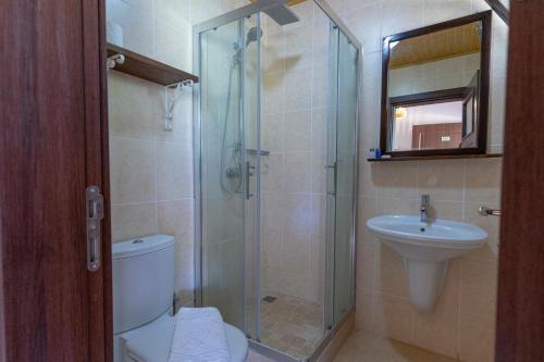 a bathroom with a shower and a toilet and a sink at Xanthos Boutique Hotel Patara in Patara