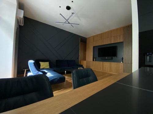 a living room with a couch and a tv at Apartamenty Osmolice w Stawach in Dęblin