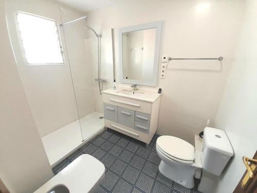 a bathroom with a toilet and a sink and a shower at Apartamento Murcia a tus pies in La Alberca
