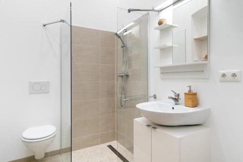 a bathroom with a toilet and a sink and a shower at GreatStay - Lohmeyerstr. 13 VH rechts in Berlin