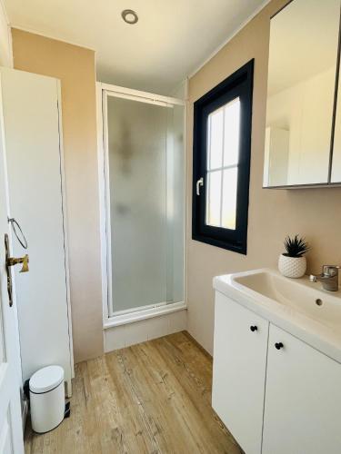 a bathroom with a sink and a glass shower at Charmant Chalet avec terrasse et accès piscine. in Rocbaron