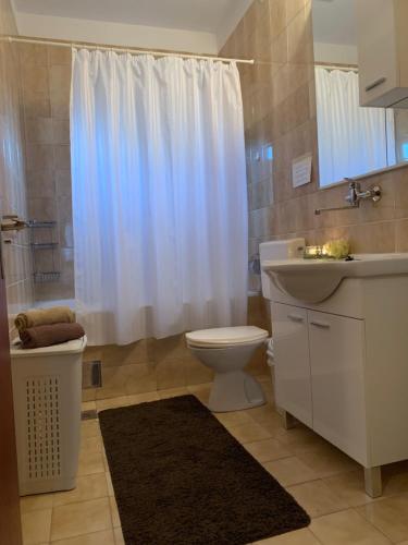 a bathroom with a toilet and a sink and a shower at Apartman ABO*** in Komin