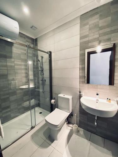 a bathroom with a toilet and a sink and a shower at Velver Mansion, Malta - Luxury Villa with Pool in Naxxar