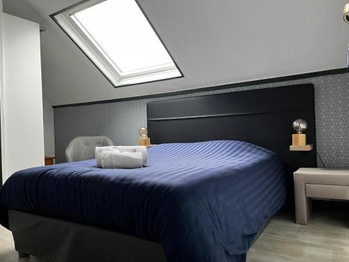 a bedroom with a bed with a blue blanket and a skylight at AUBERGE DE LA VOUTE in Chooz