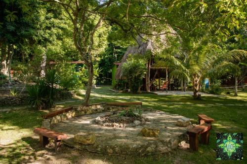 a park with two benches and a fire pit at Alice Guesthouse in El Remate