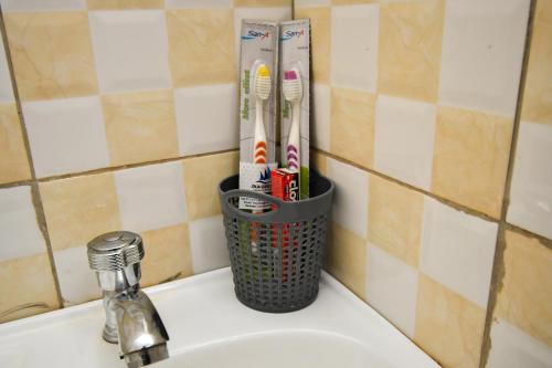 un cepillo de dientes sentado en la parte superior de un fregadero en Jinja Grand Hotel en Jinja