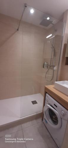 une salle de bain avec douche et machine à laver dans l'établissement Quai de la lagune - vue sur la Marina, à Saint-Cyprien