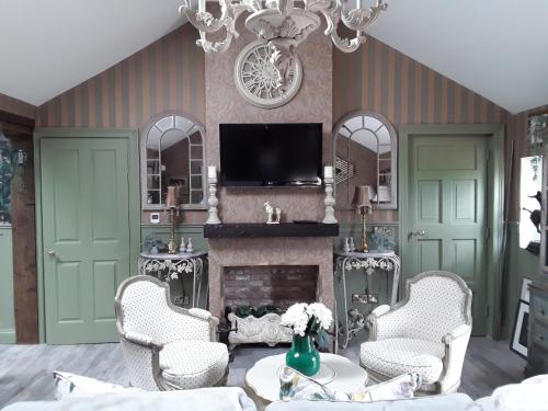 a living room with a fireplace and a tv at Ballybur Lodge Mews 1 in Kilkenny