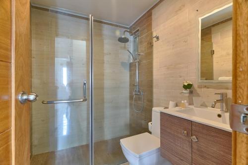 a bathroom with a shower and a toilet and a sink at Apartamento 2BR- AC- WiFi- Safe - Smart TV- HotWater. in Santo Domingo