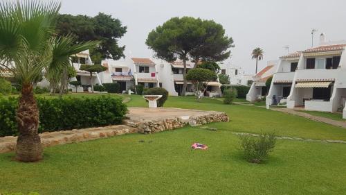 a view of a yard with houses and palm trees at Apartamento Bellavista in Cala'n Bosch