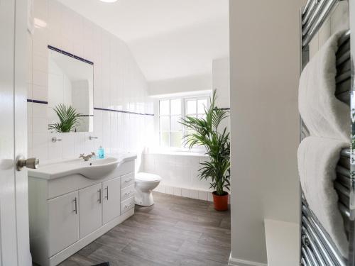 a white bathroom with a sink and a toilet at The Loft at The George in Chesterfield