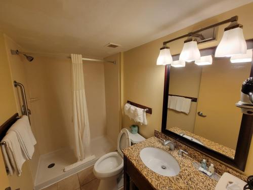 La salle de bains est pourvue d'un lavabo, de toilettes et d'un miroir. dans l'établissement Quality Inn Flamingo, à Atlantic City