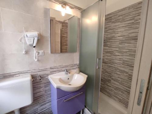 uma casa de banho com um lavatório, um espelho e um chuveiro em Blue Marine di Ostia em Lido di Ostia
