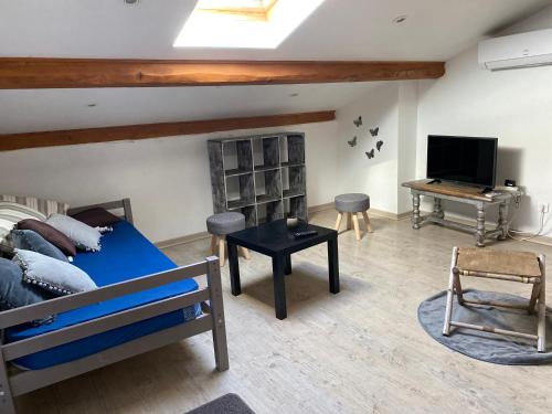 une chambre avec un lit, une télévision et une table dans l'établissement Loue appartement avec jardin, à Alba-la-Romaine