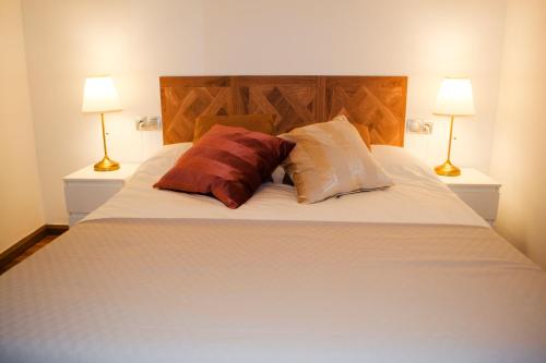 a bed with two pillows on it with two lamps at Apartamenticos Torrenueva I in Zaragoza