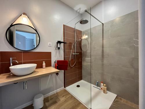 a bathroom with a sink and a glass shower at Les Gîtes du Florival, la Glycine in Soultz-Haut-Rhin