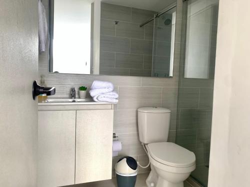 La salle de bains est pourvue de toilettes, d'un lavabo et d'un miroir. dans l'établissement Nuevo Apartamento Moderno con Excelente Ubicación, à Ibagué