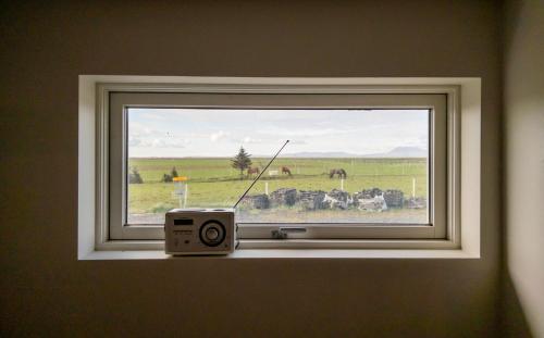 a window with a speaker and a picture of a field at Bakland ad Lágafelli Apartment in Búðarhólshverfi
