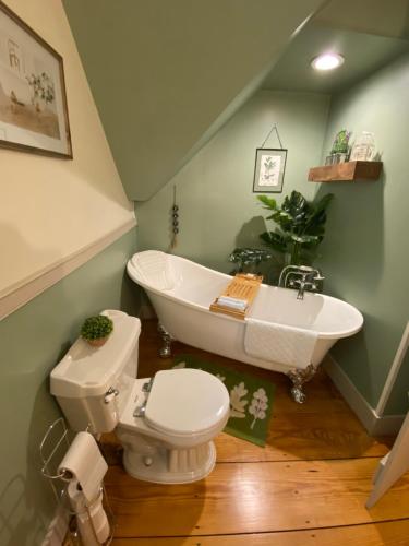 łazienka z wanną, toaletą i umywalką w obiekcie Romantic, Secluded Historic Cottage on 5 Acres 30 mins to TIEC w mieście Landrum