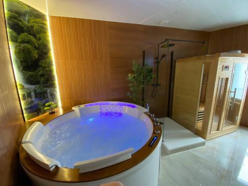 een grote badkamer met een bad en een douche bij Esprit BALI ....LOVE SPA, Sauna de luxe à Mulhouse in Mulhouse