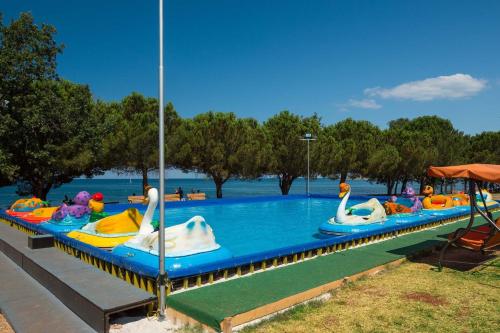 - un groupe de cygnes dans la piscine d'un parc aquatique dans l'établissement Happy Camp Mobile Homes in Camping Park Umag, à Umag