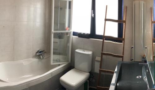 een badkamer met een toilet, een wastafel en een bad bij 2 person privat room between Expo Ghent & Ghent Sint Pieters station in Gent