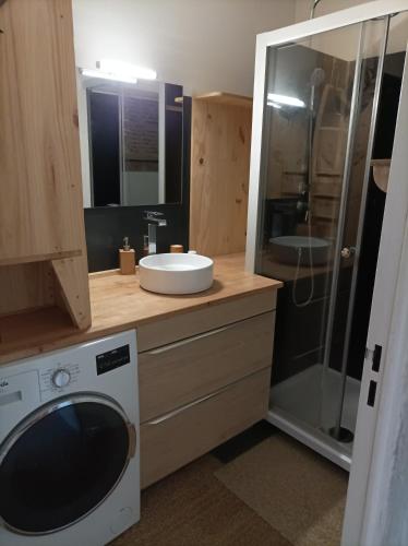 une salle de bain avec un lavabo et une machine à laver dans l'établissement Escapade Cocooning résidence avec piscine Rez de jardin Fibre Orange, à Fréjus