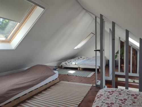Bešenovo的住宿－Balkan Retreat，一间卧室设有两张双层床和一扇窗户。