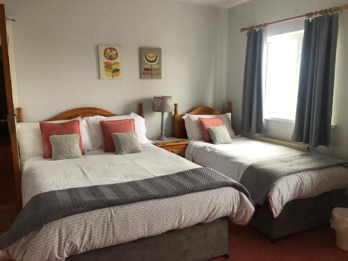 a bedroom with two beds and a window at Drumcoo Guest House in Enniskillen