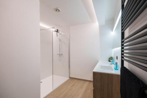 a white bathroom with a shower and a sink at Apartment 2 bedrooms with magnificent seaview and free parking in Ostend