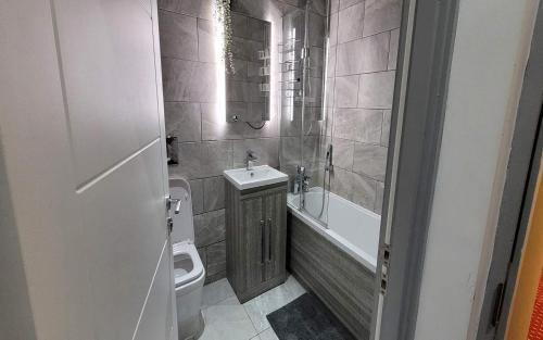 a bathroom with a toilet and a sink and a bath tub at Doncaster City Centre Deluxe Whole Apartment sleeps 4 D2 in Doncaster