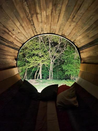 a round window in a cabin with a tree at Kačara Vodeničko brdo in Pranjani