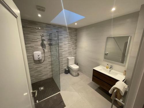 a bathroom with a shower and a toilet and a sink at Sea View Lodge in Sligo