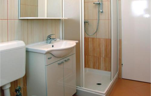 een badkamer met een wastafel en een douche bij Pet Friendly Apartment In Porec With Wifi in Poreč