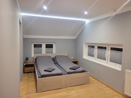 1 dormitorio con 1 cama en una habitación con ventanas en Dom w Cygańskim Lesie en Bielsko-Biala