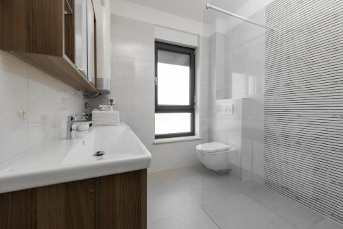 a bathroom with a sink and a toilet and a window at Apartment MaLu in Banjole