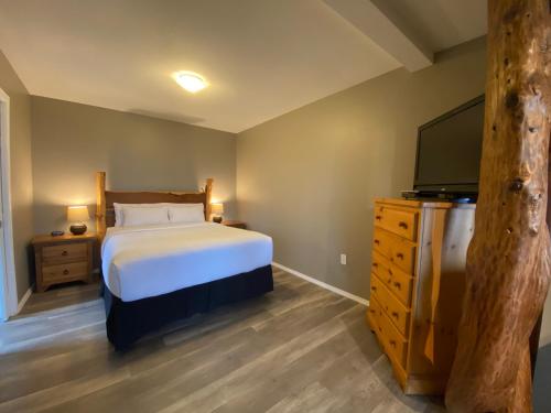 - une chambre avec un lit et une télévision à écran plat dans l'établissement Cedar Park Resort, à Port McNeill