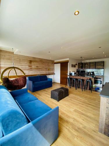 un salon avec un canapé bleu et une cuisine dans l'établissement La Venise Annécienne-Studio lumineux, avec parking privé gratuit, proche gare, à Annecy