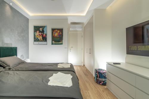 um quarto com uma cama e uma cómoda com uma televisão em Belgrade Waterfront Bramar em Belgrado
