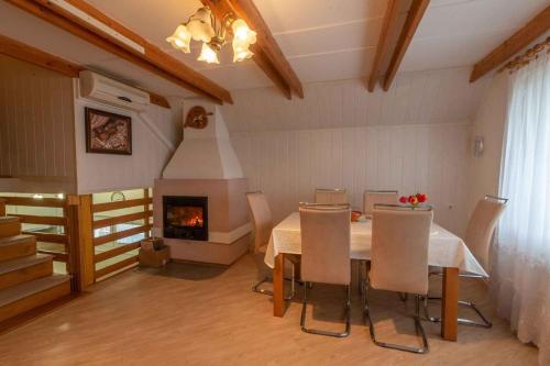 ein Esszimmer mit Tisch und Kamin in der Unterkunft Holiday home in Novo Mesto - Dolenjska Bela krajina Unter- Weißkrain 42895 in Novo Mesto