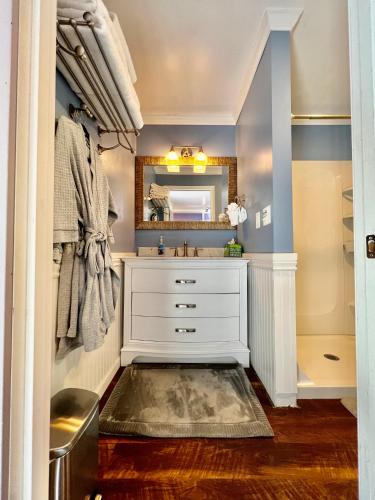 a bathroom with a white sink and a mirror at Sunshine Cottage in Talkeetna