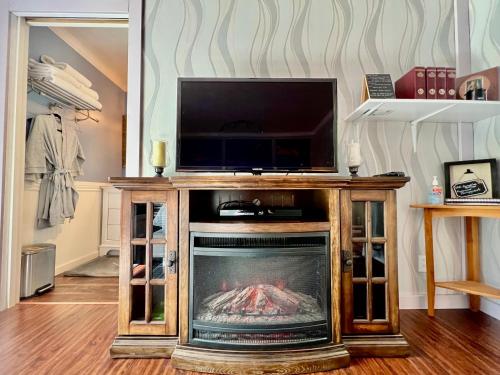 sala de estar con chimenea, TV y chimenea en Sunshine Cottage, en Talkeetna