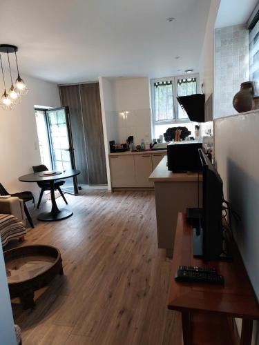 un salon avec une cuisine et un bureau avec un ordinateur dans l'établissement Studio2 Fontaine de L'amour, à Sarlat-la-Canéda