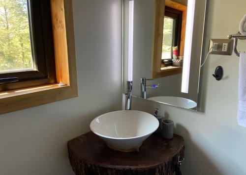 a bathroom with a bowl sink and a mirror at La Colmena eco lodge in Ensenada