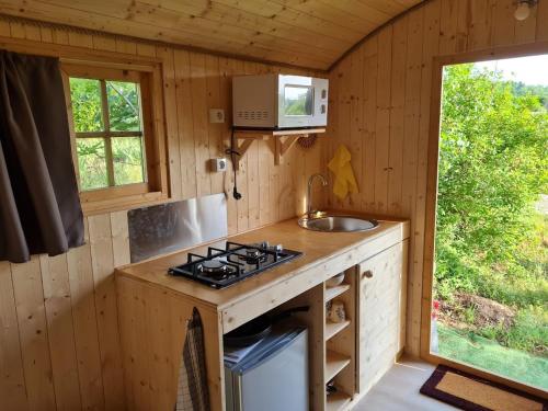 - une cuisine avec une cuisinière et un évier dans une cabine dans l'établissement LES ROULOTTES DU PILAT, à Maclas
